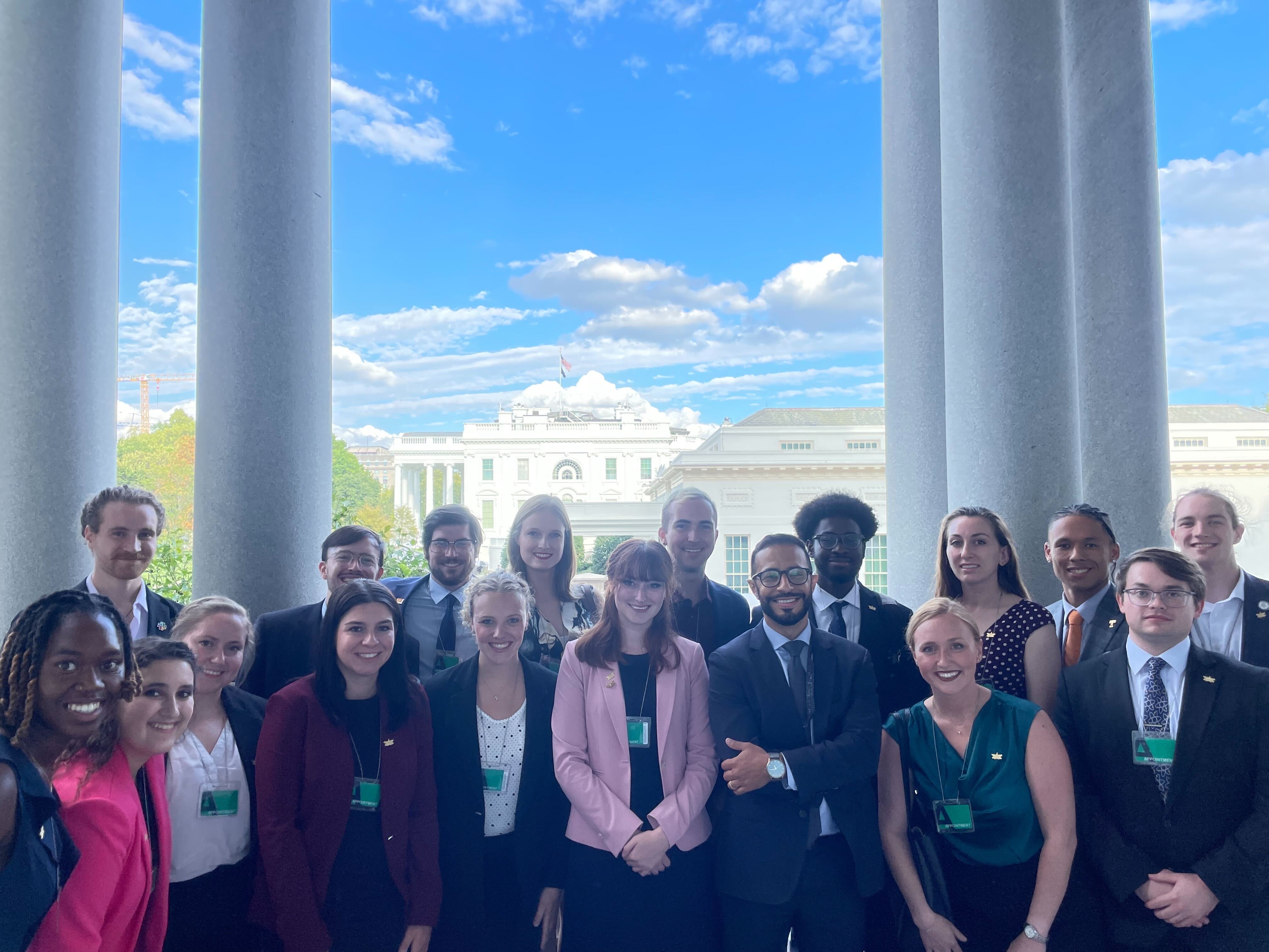 The 2023 Nuclear Engineering Student Delegation (NESD), including Nathan Ryan, overlooking the White House.